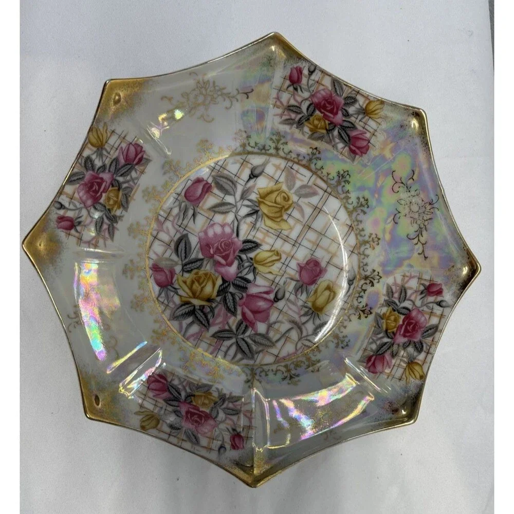 Rose Bowl Gala Vintage Trimont Ware Japan Iridescent Yellow Pink Roses Octagonal